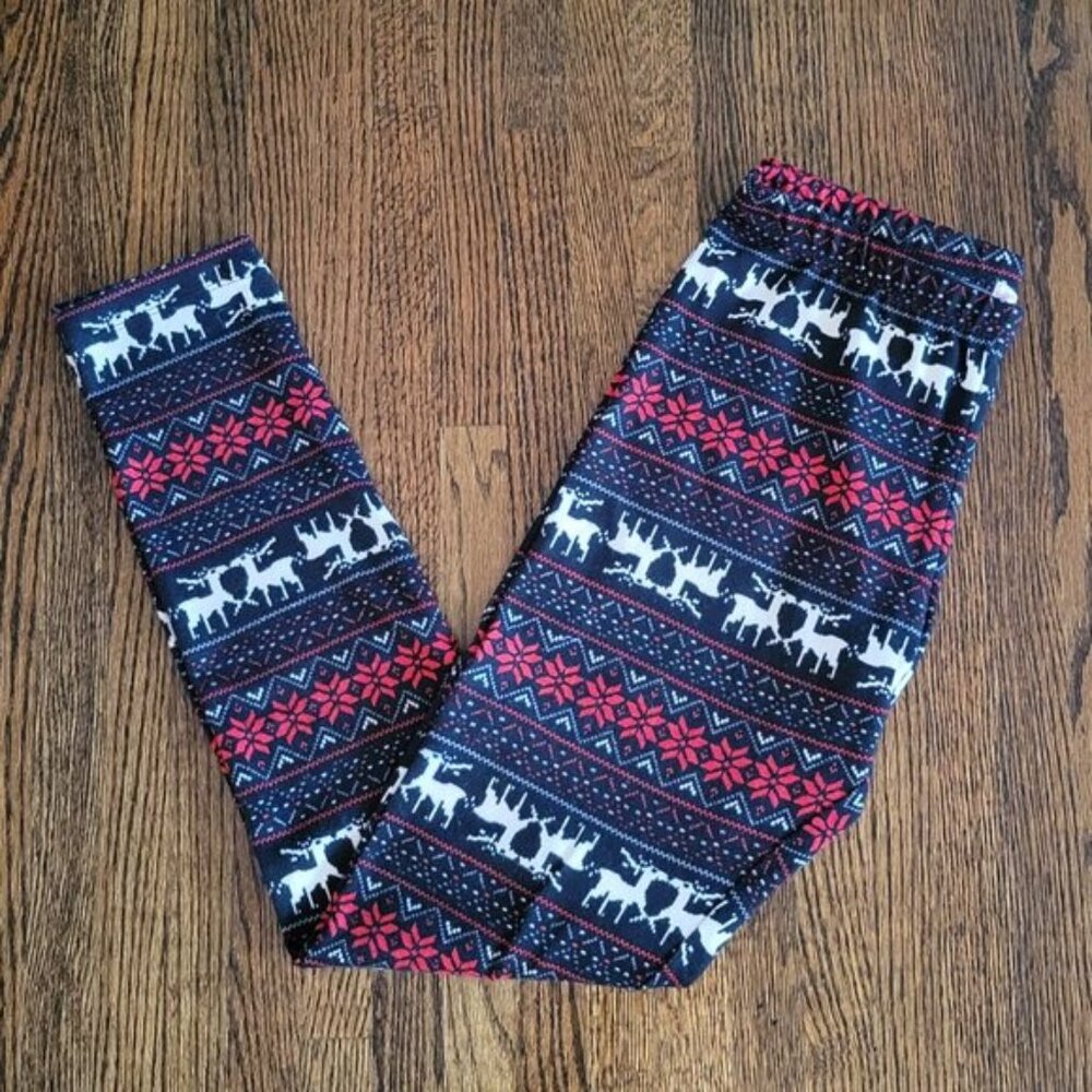 Pink Rose Holiday Tights Reindeer Print Leggings